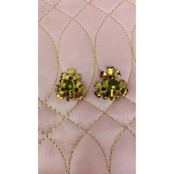 Vintage 1950s Screw Backs Pink 3 Flower Rhinestone Earrings - Picture 6 of 7